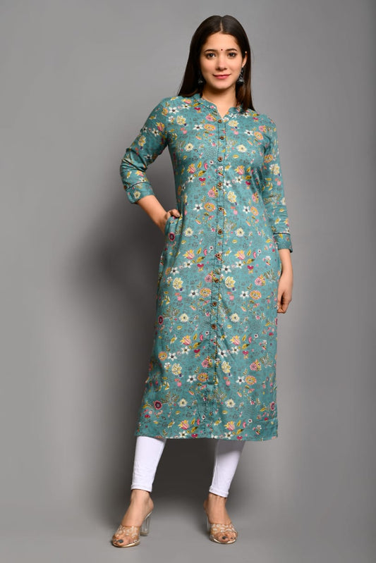 Women sea green rayon Printed and handwork Kurta