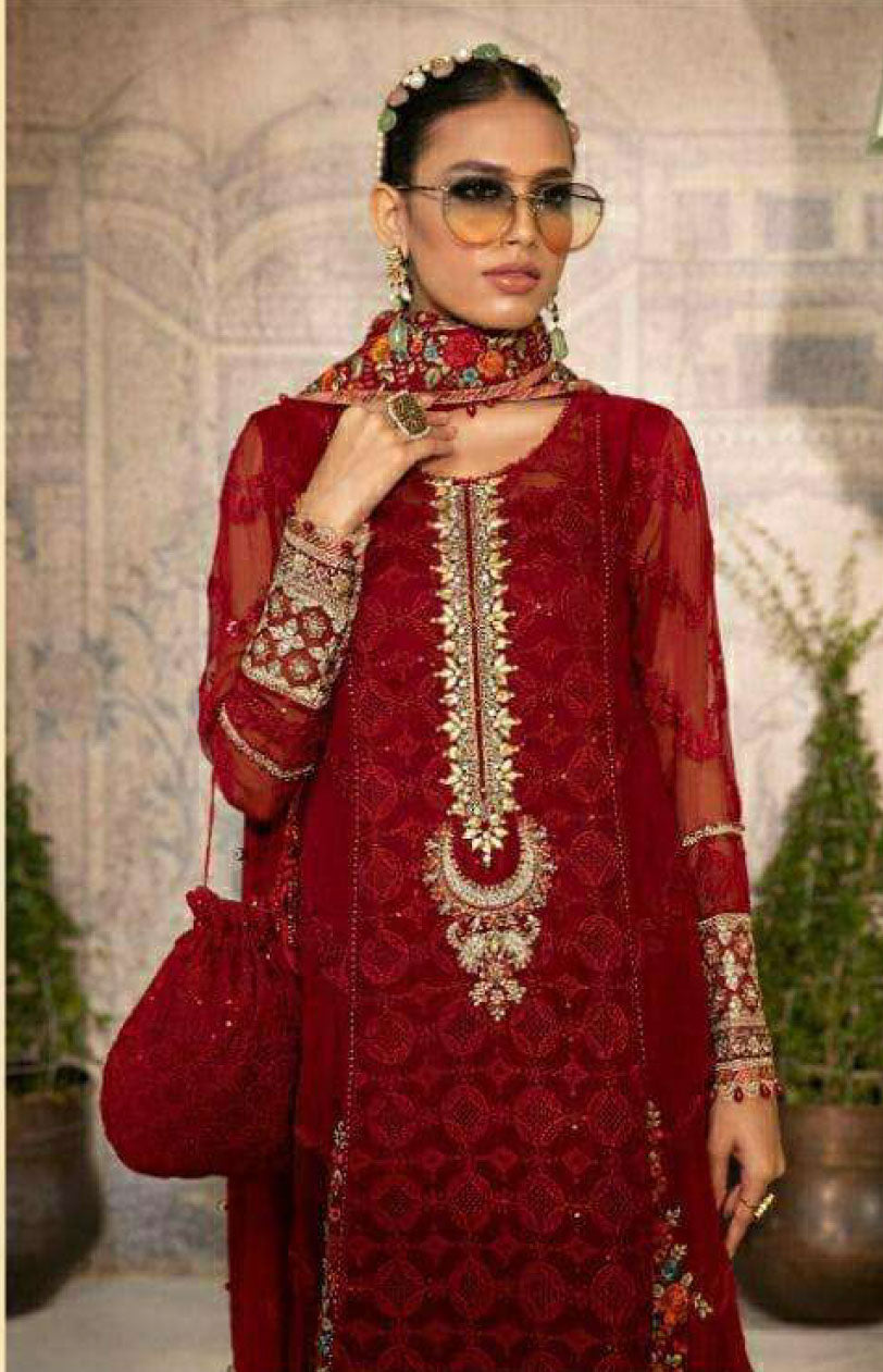 Women deep red embroidered fox georgette unstitched salwar set