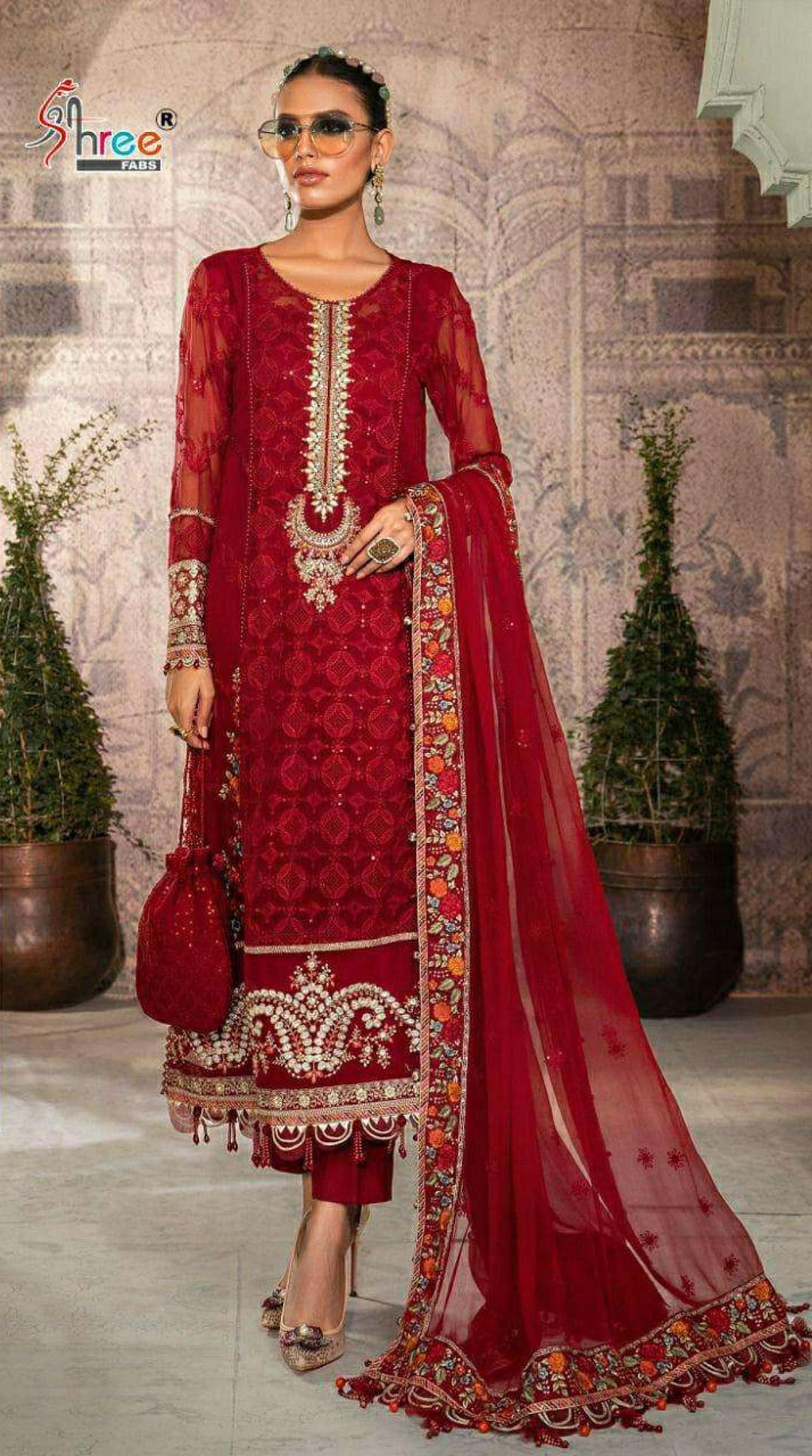 Women deep red embroidered fox georgette unstitched salwar set