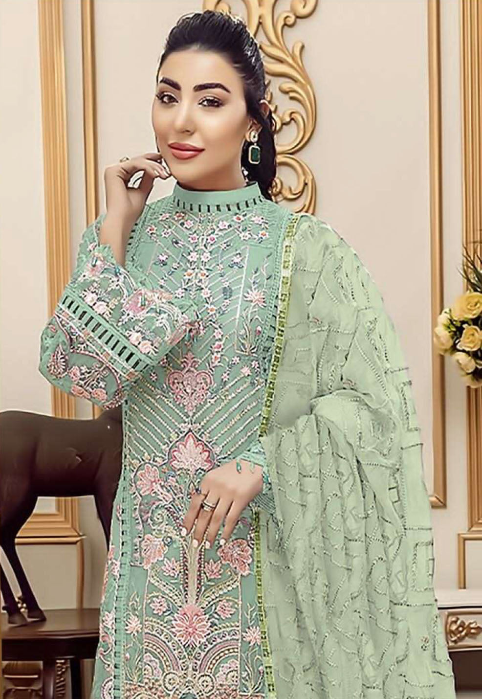 Women mint green embroidered fox georgette unstitched salwar set