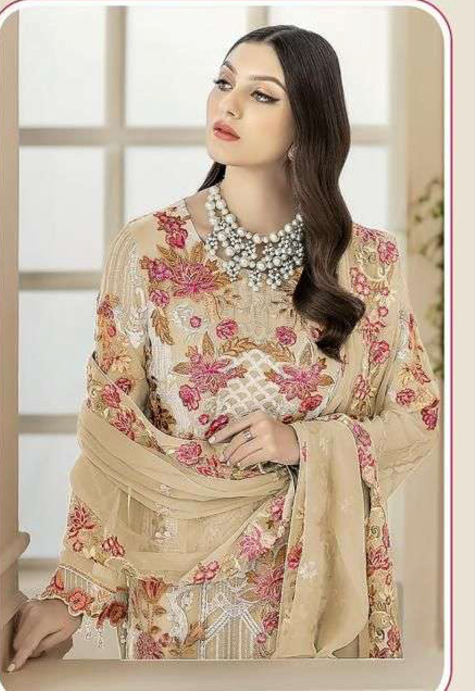 Women beige embroidered fox georgette unstitched salwar set