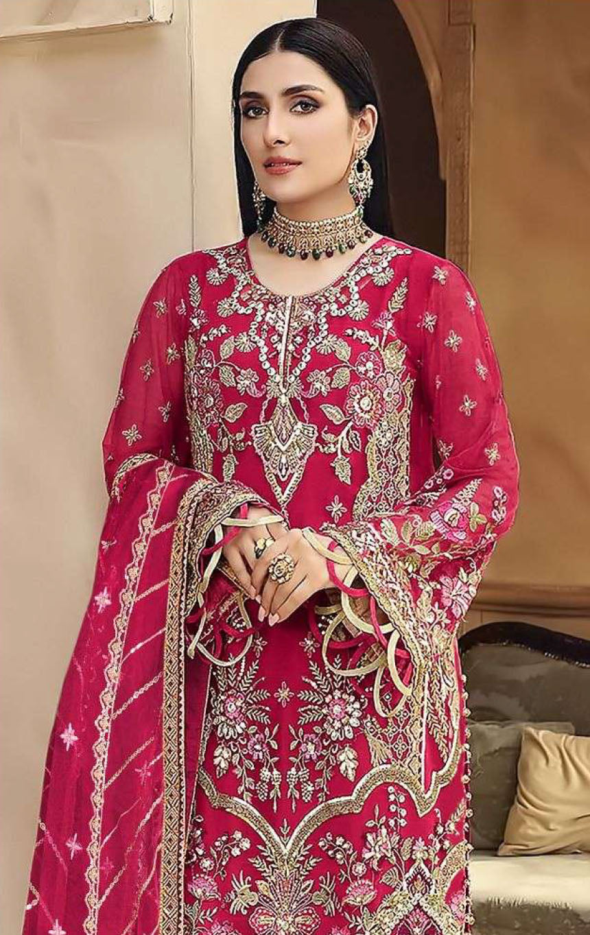 Women pink embroidered fox georgette unstitched salwar set