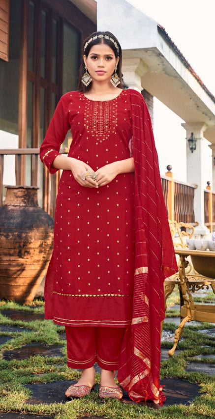 Women viscose chanderi with jacquard butti & embroidery ready to wear salwar set